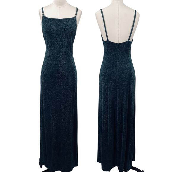 Vintage Dresses & Skirts - Vintage 90s All That Jazz Sparkle Maxi Dress Gown Slinky Low Back Metallic Teal